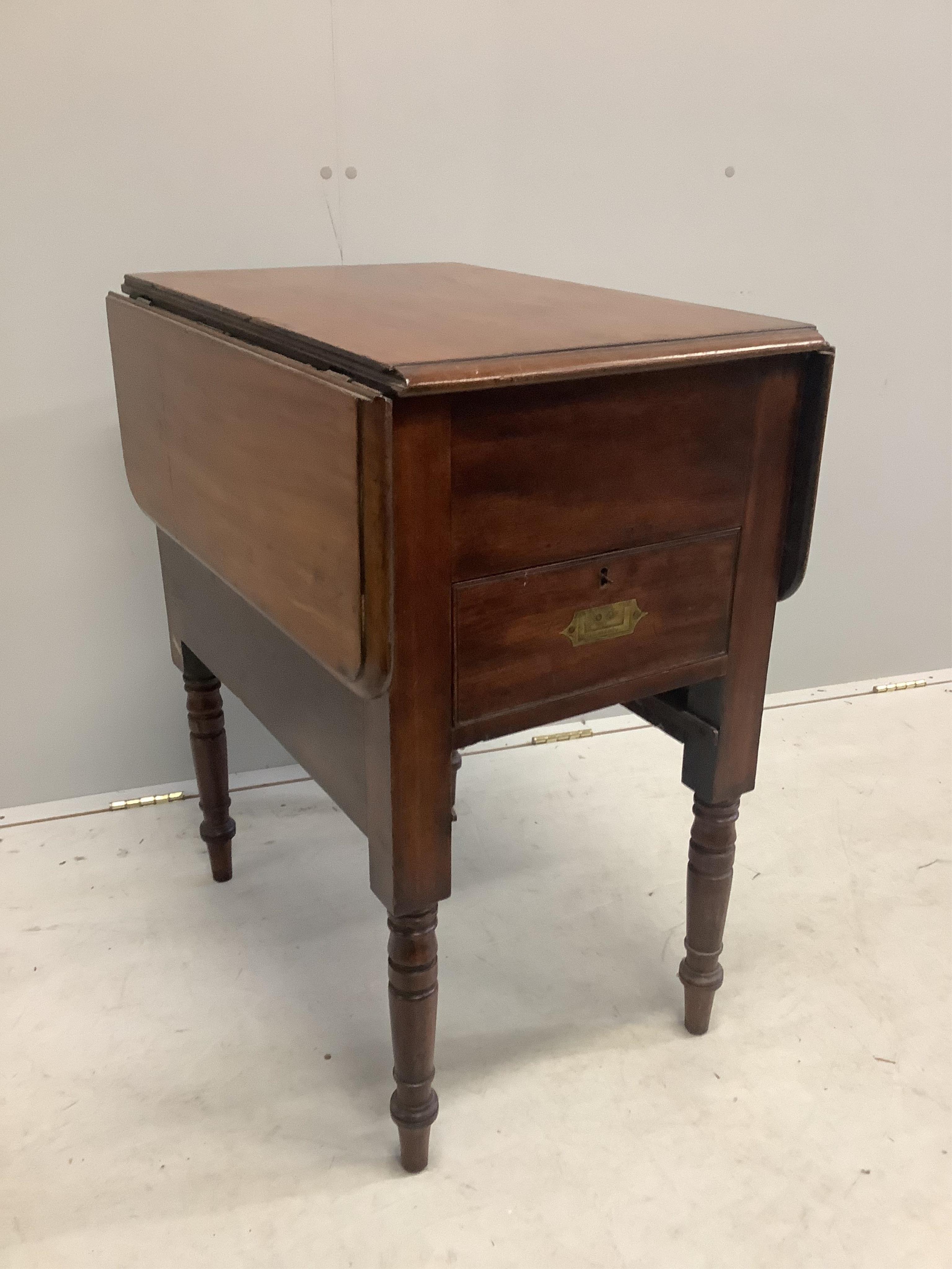 A Victorian mahogany military drop flap table, width 66cm, depth 48cm, height 79cm. Condition - fair